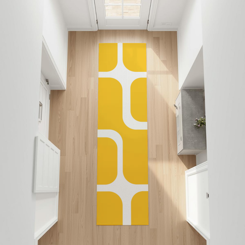 Sarı Geometrik Labirent ve Modern Soyut Desen Antre ve Koridor Halısı