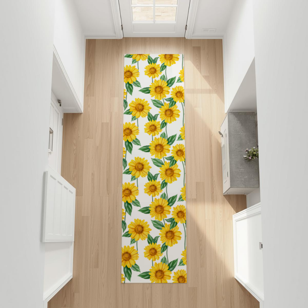 Vibrant Yellow Sunflower and Green Leaf Pattern Illustration Hallway & Entryway Rug