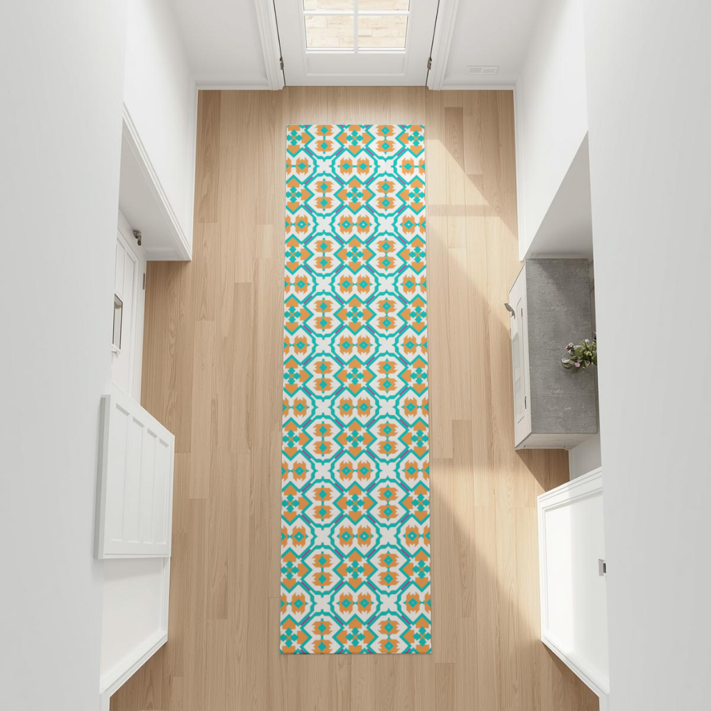 Orange and Turquoise Geometric Pattern Hallway & Entryway Rug