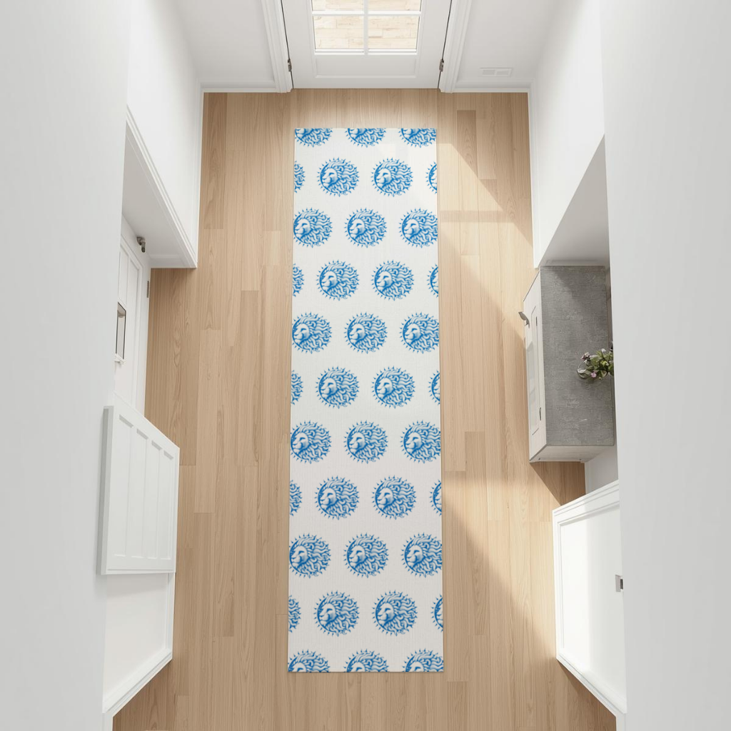 Leo Zodiac Sun and Moon Blue Motif Hallway & Entryway Rug