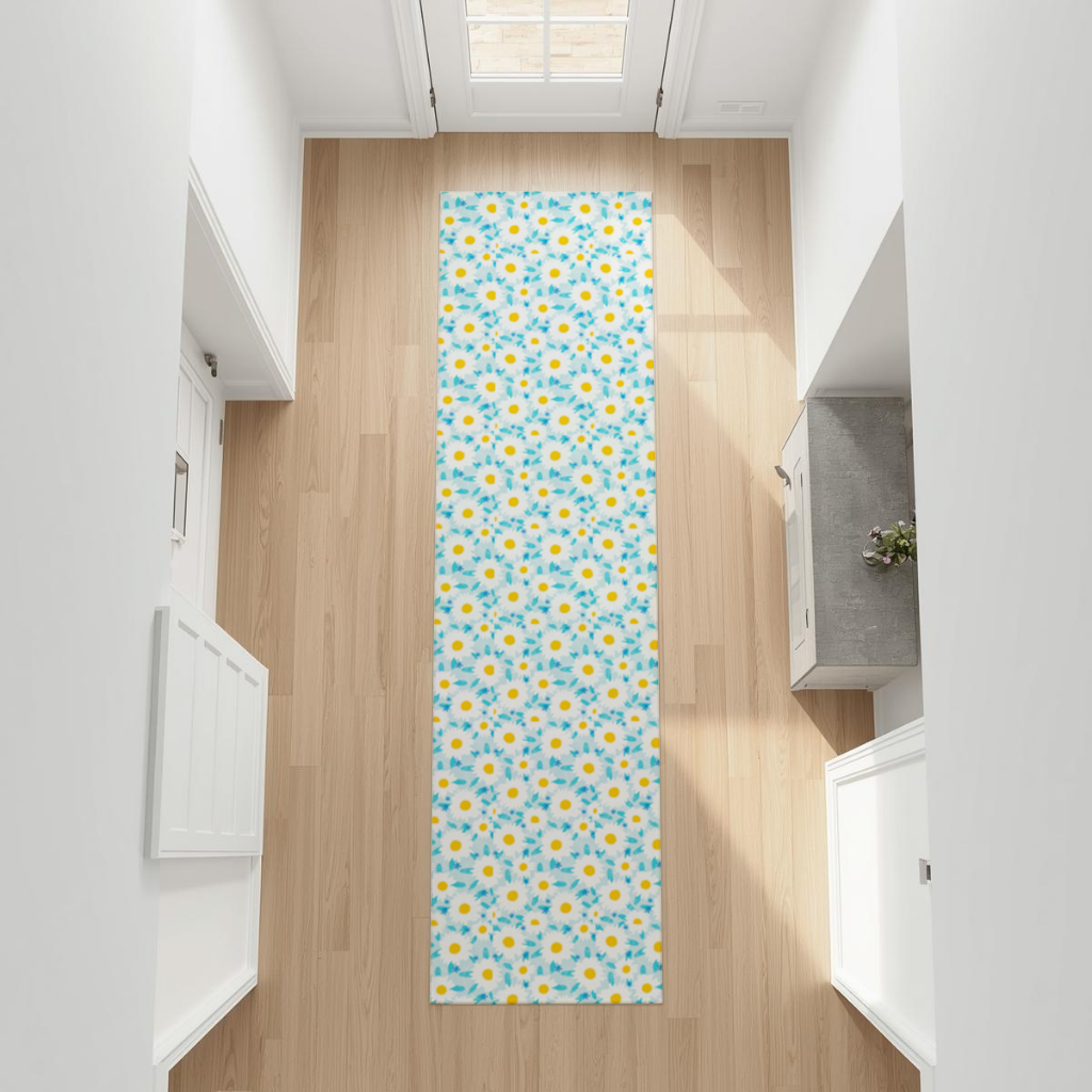 Daisy Garden and Turquoise Leaves Pattern Hallway & Entryway Rug