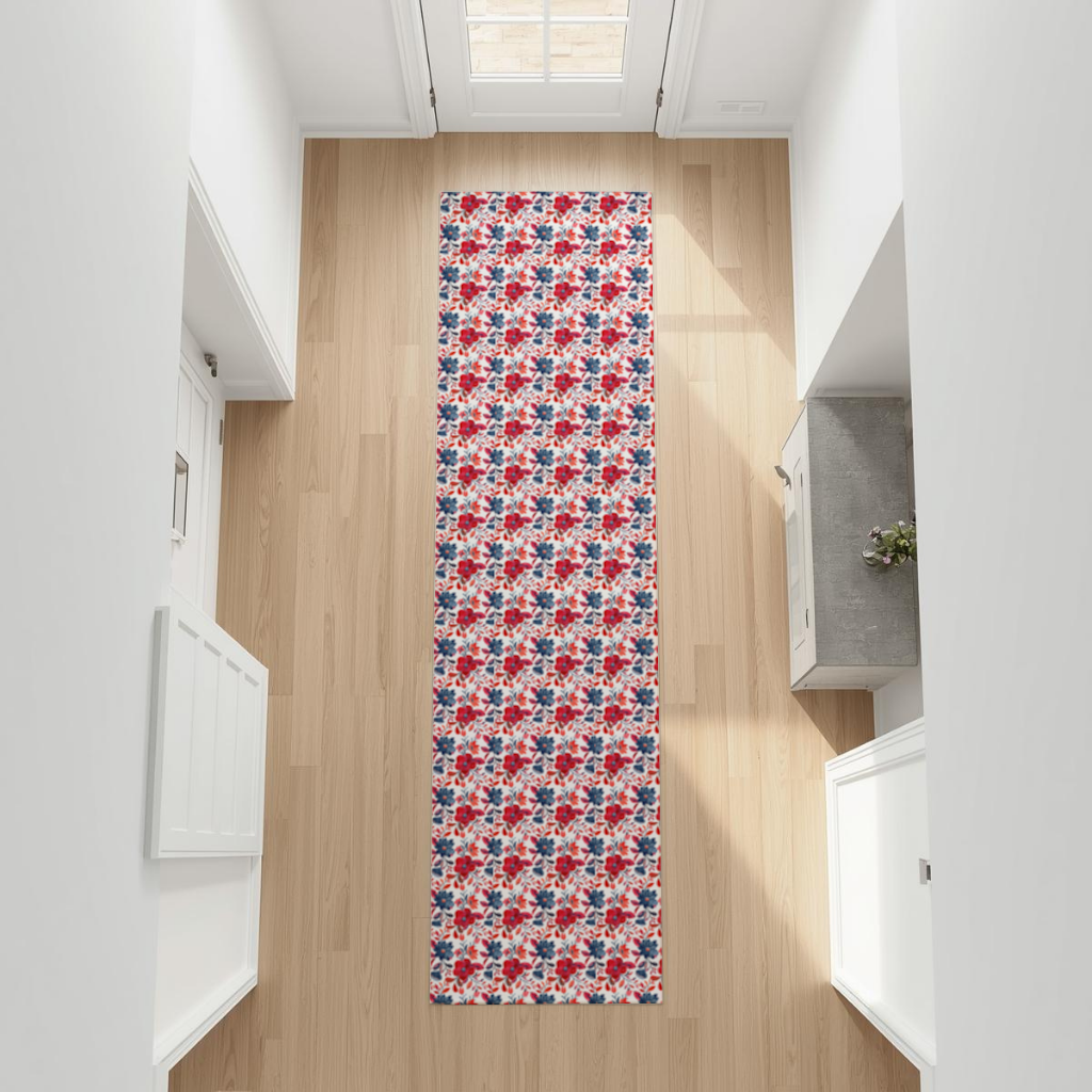 Watercolor Red Navy Floral Hallway & Entryway Rug