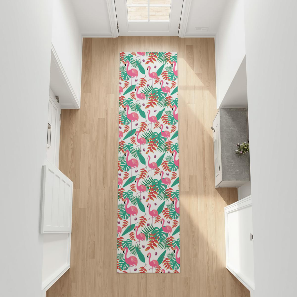 Pink Flamingo Tropical Leaves Hallway & Entryway Rug
