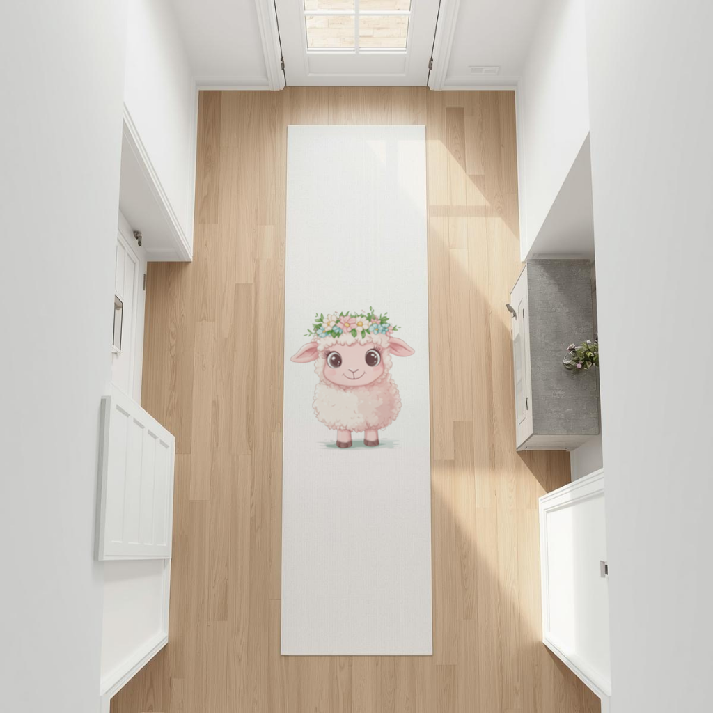 Kawaii Flower Crown Pink Lamb Hallway & Entryway Rug