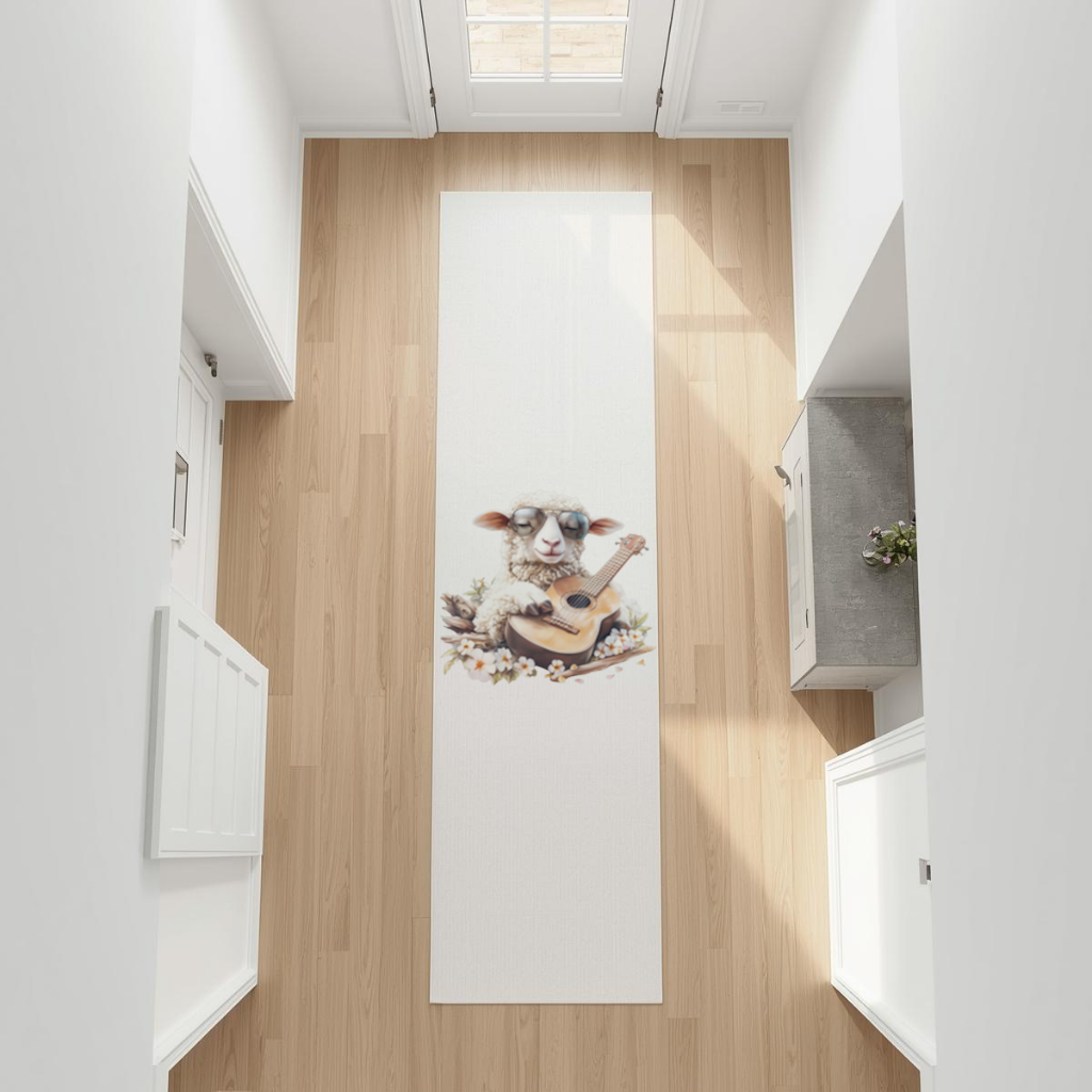 Cool Sheep Playing Ukulele with Flowers Hallway & Entryway Rug