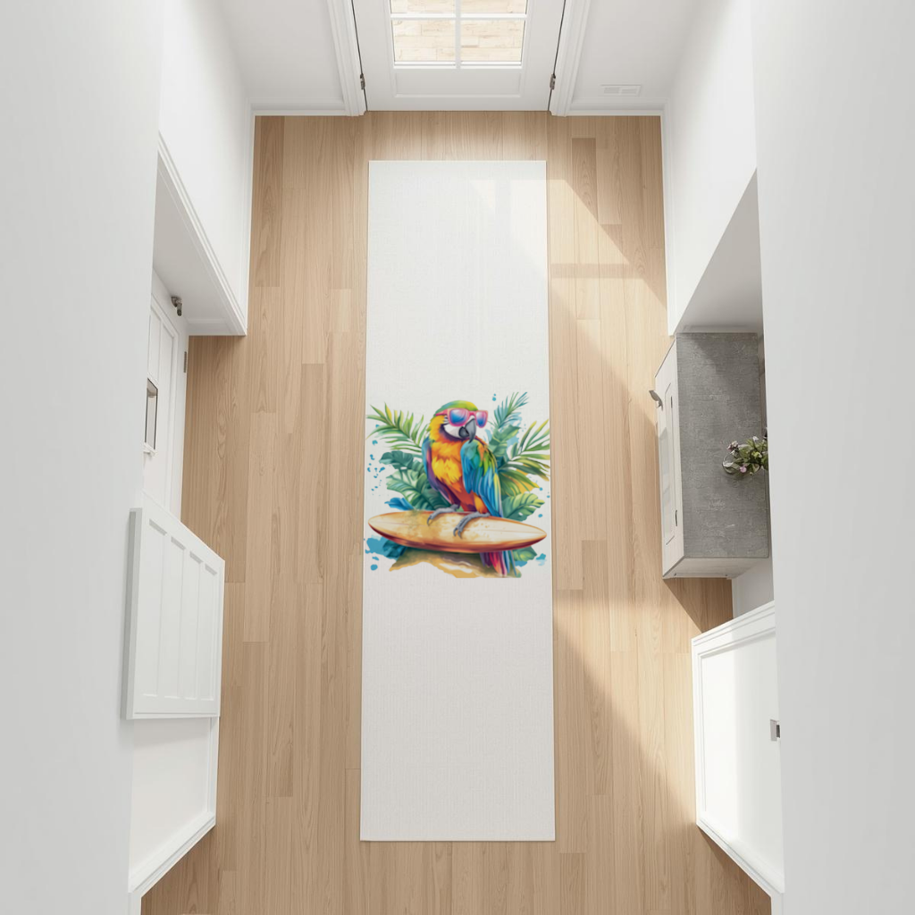 Surfing Parrot with Pink Sunglasses Hallway & Entryway Rug