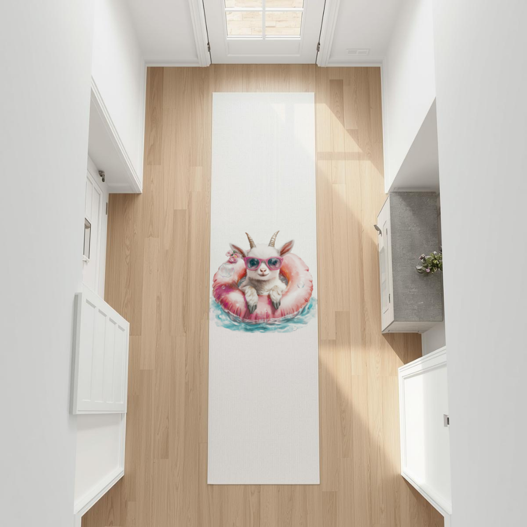 Baby Goat in Pink Pool Ring Hallway & Entryway Rug