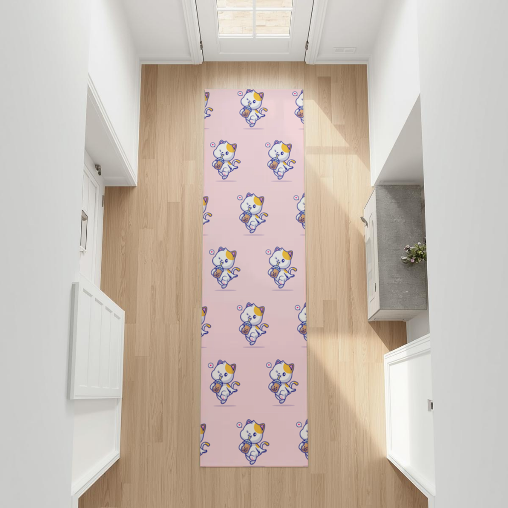 Kawaii Cat Drinking Boba Tea Hallway & Entryway Rug