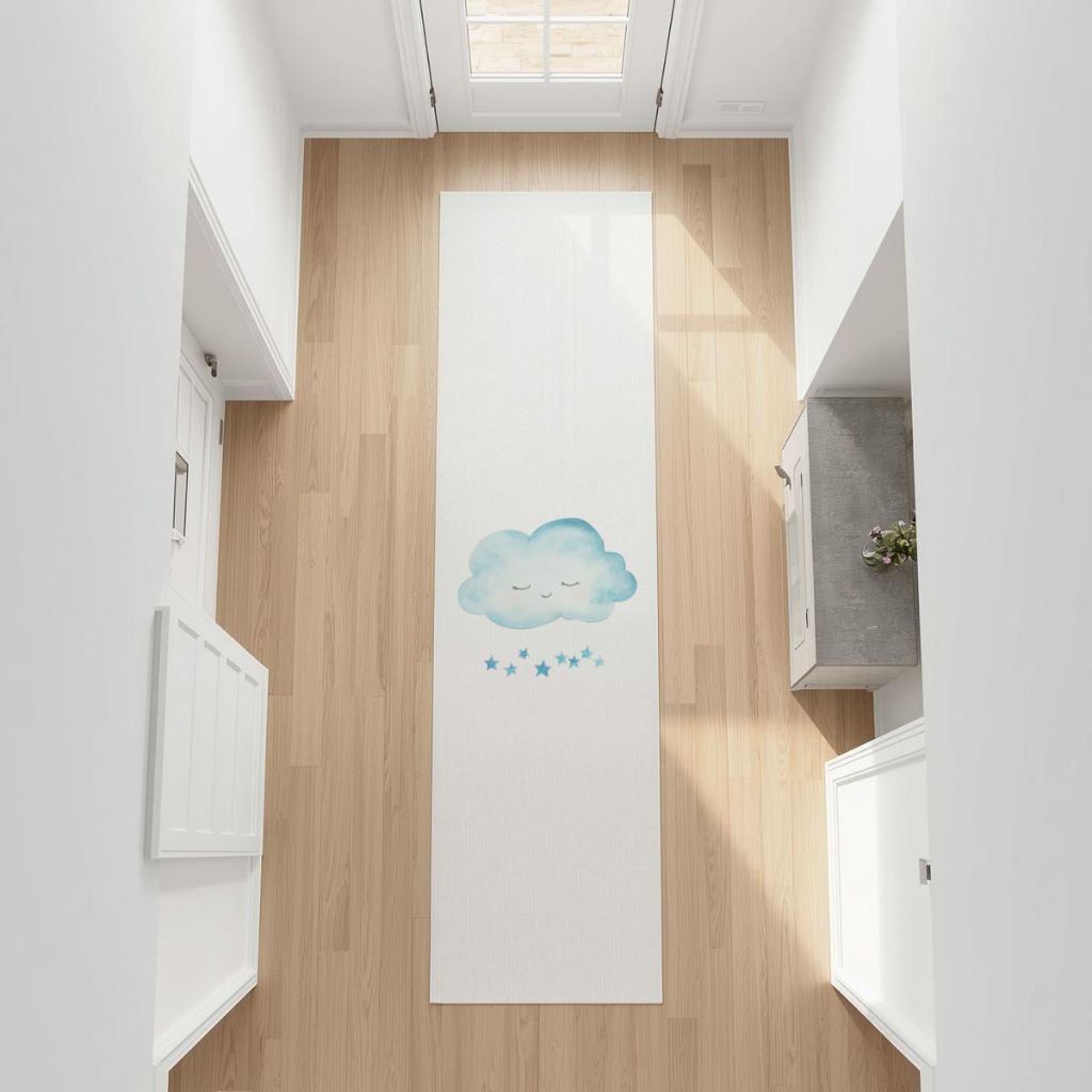 Watercolor Sleepy Cloud and Blue Stars Hallway & Entryway Rug