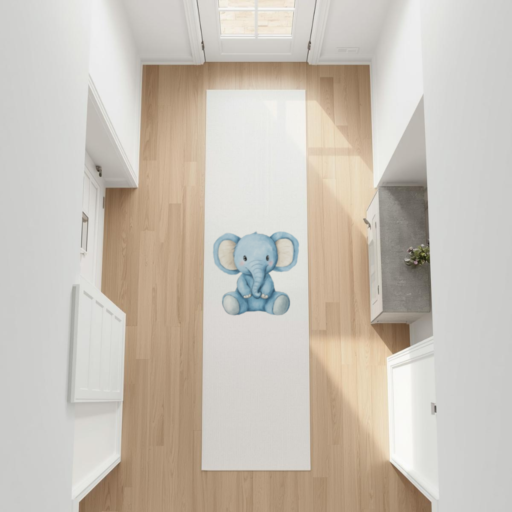 Cute Blue Watercolor Baby Elephant Hallway & Entryway Rug