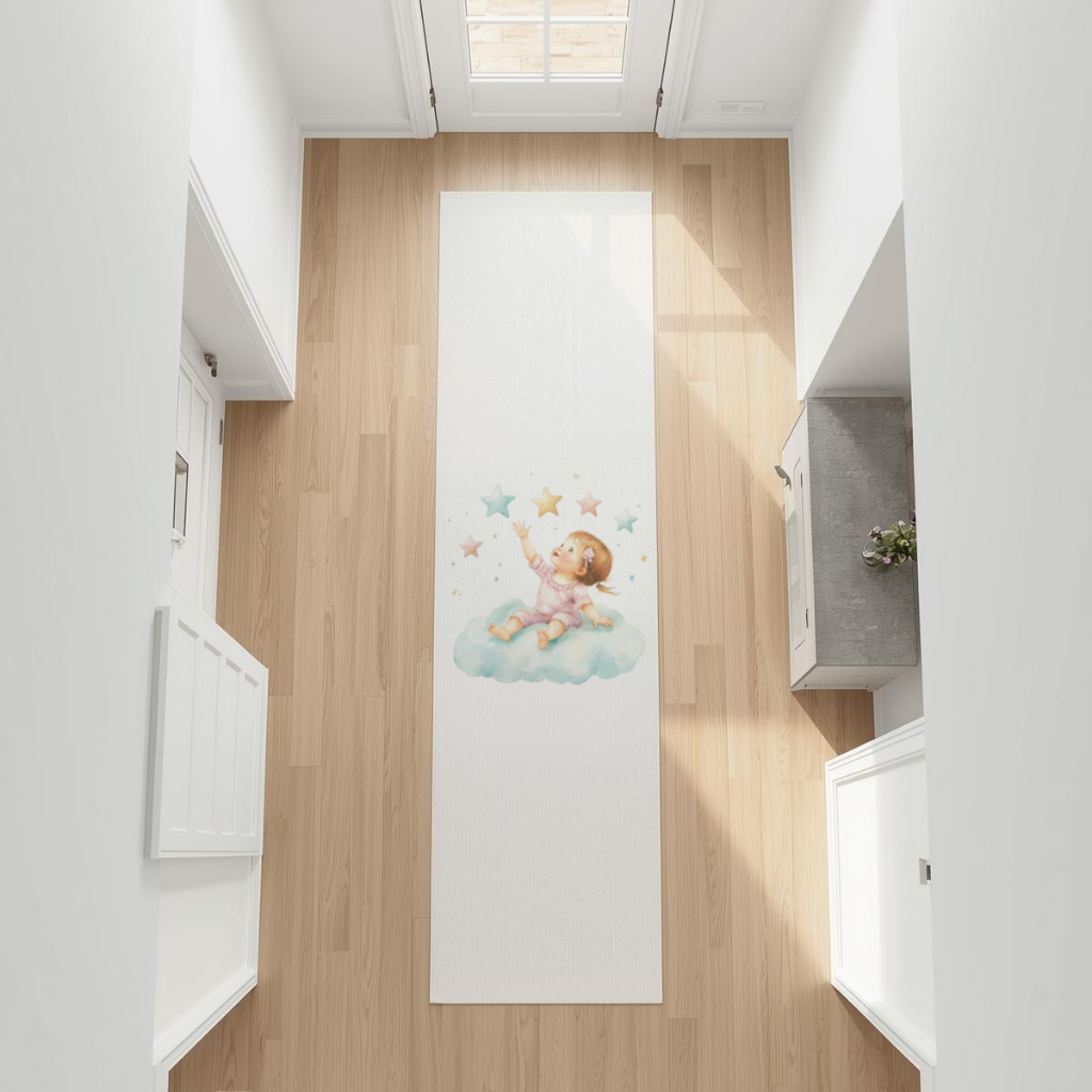Baby Girl Reaching for Stars on a Cloud Hallway & Entryway Rug