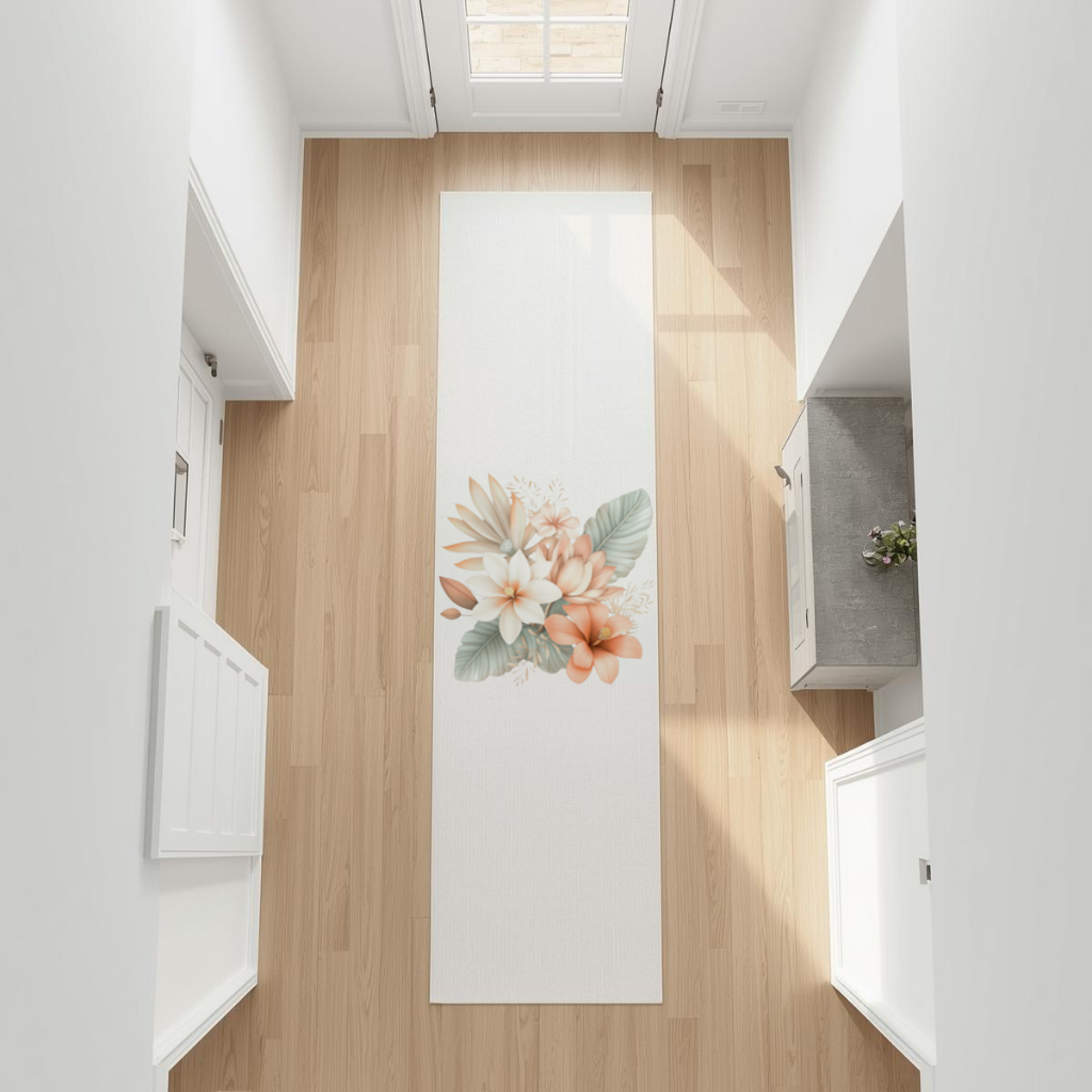 Soft Peach Tropical Floral Bouquet Hallway & Entryway Rug