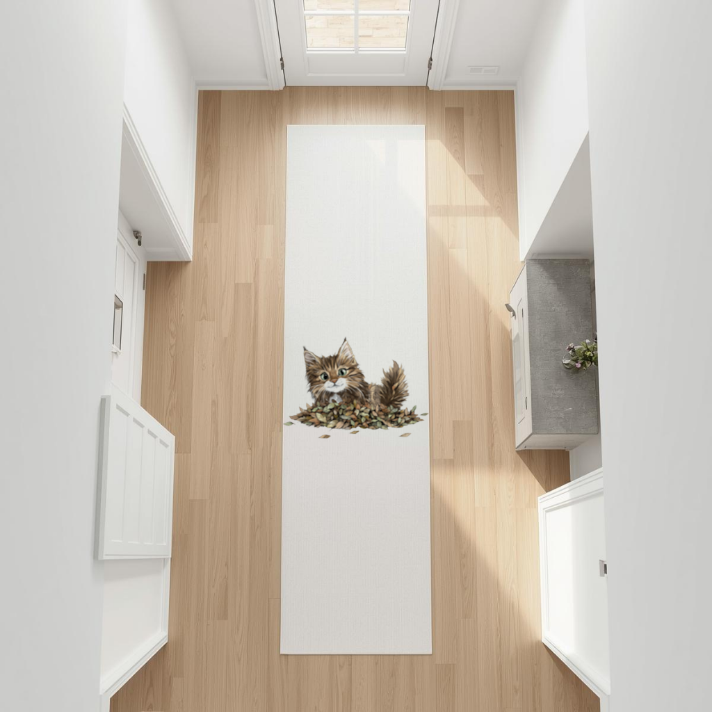 Cute Fluffy Kitten in Autumn Leaves Hallway & Entryway Rug