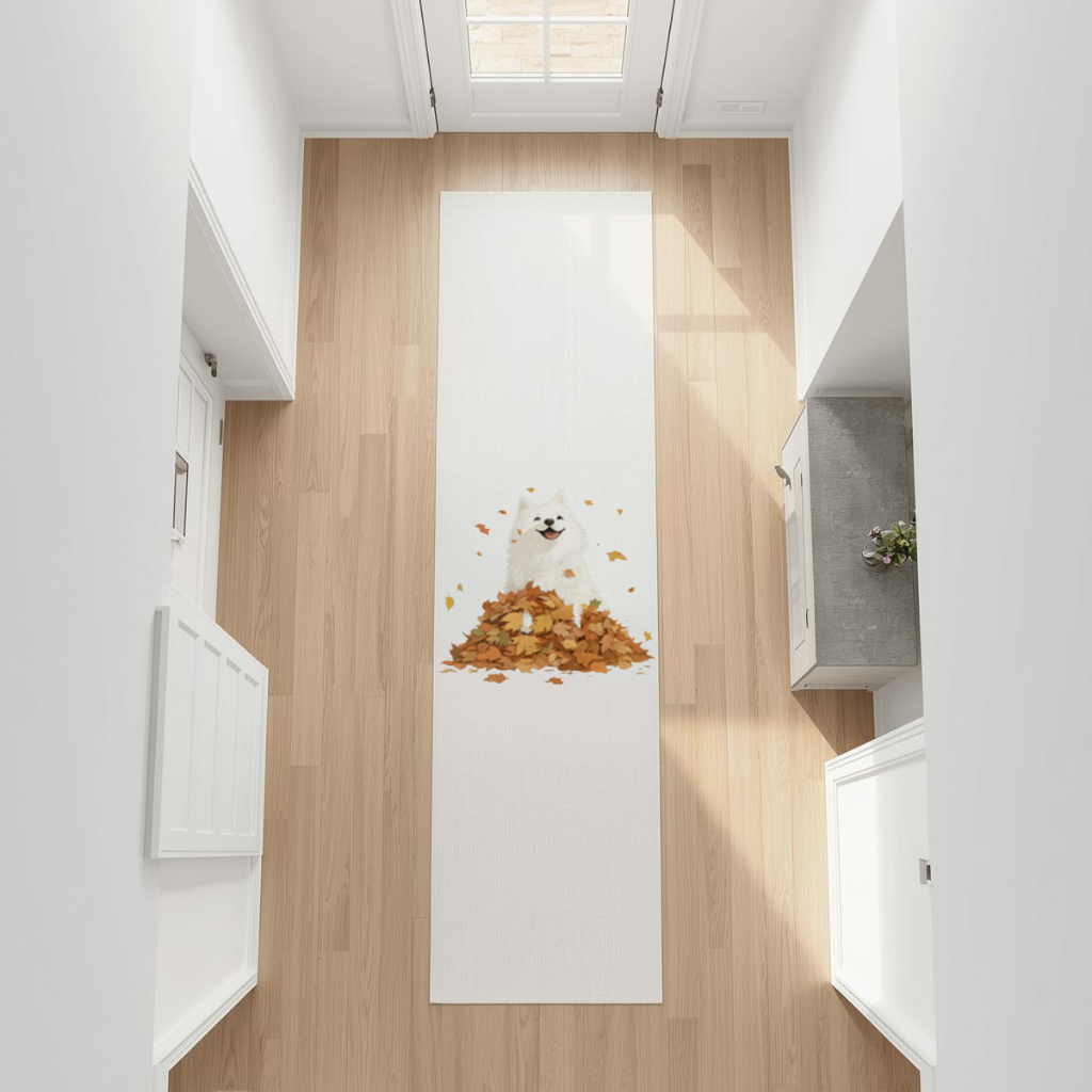 Happy White Dog in Autumn Leaves Hallway & Entryway Rug