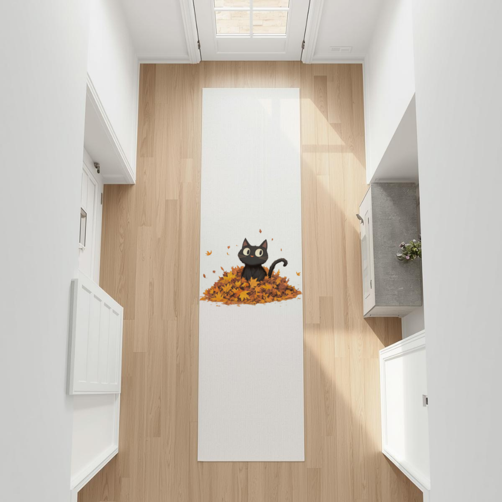 Cute Black Cat in Autumn Leaves Hallway & Entryway Rug