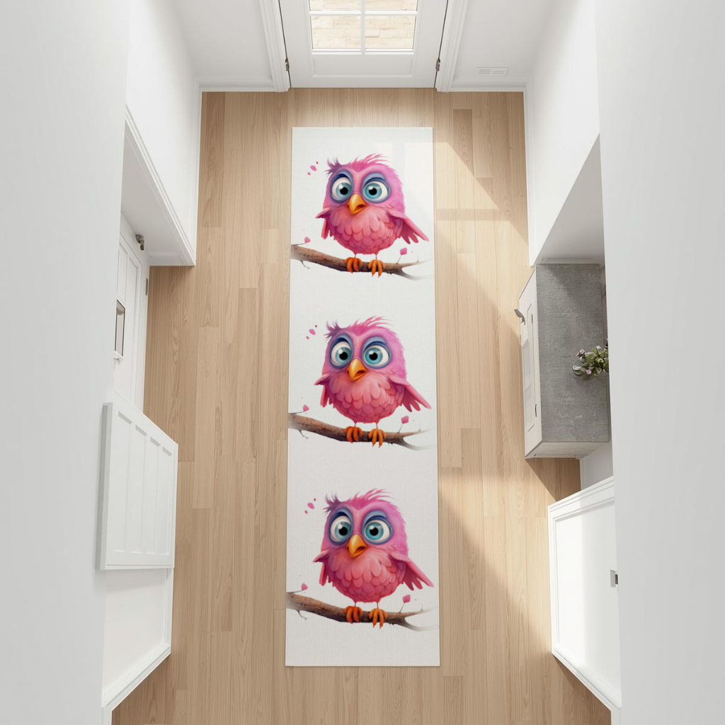 Cute Pink Bird with Large Blue Eyes Hallway & Entryway Rug