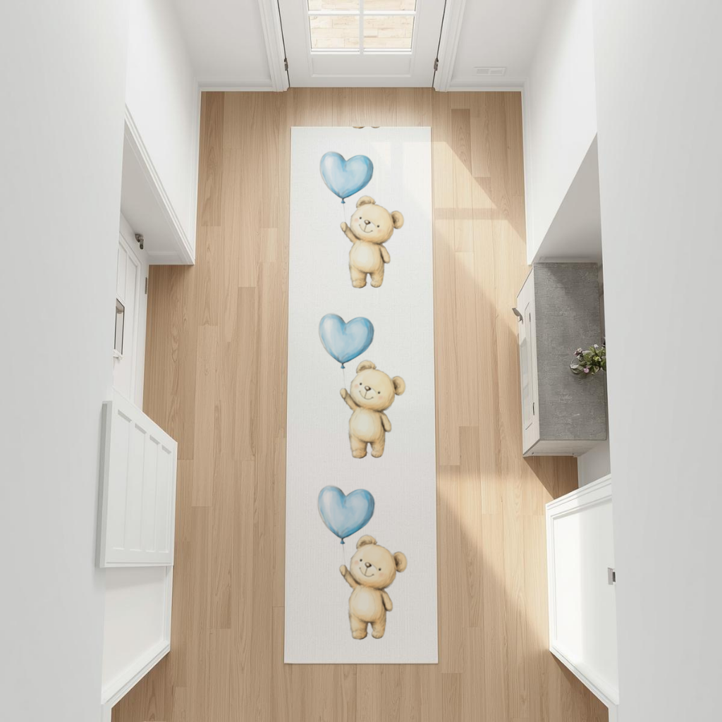 Cute Teddy Bear with Blue Heart Balloon Hallway & Entryway Rug