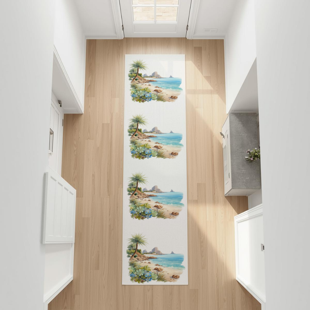 Tropical Palm Tree and Turquoise Sea Hallway & Entryway Rug