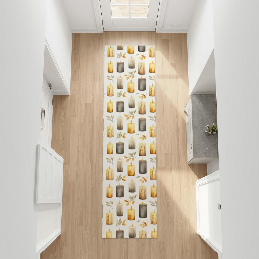 Warm Neutral Autumn Candles and Leaves Hallway & Entryway Rug