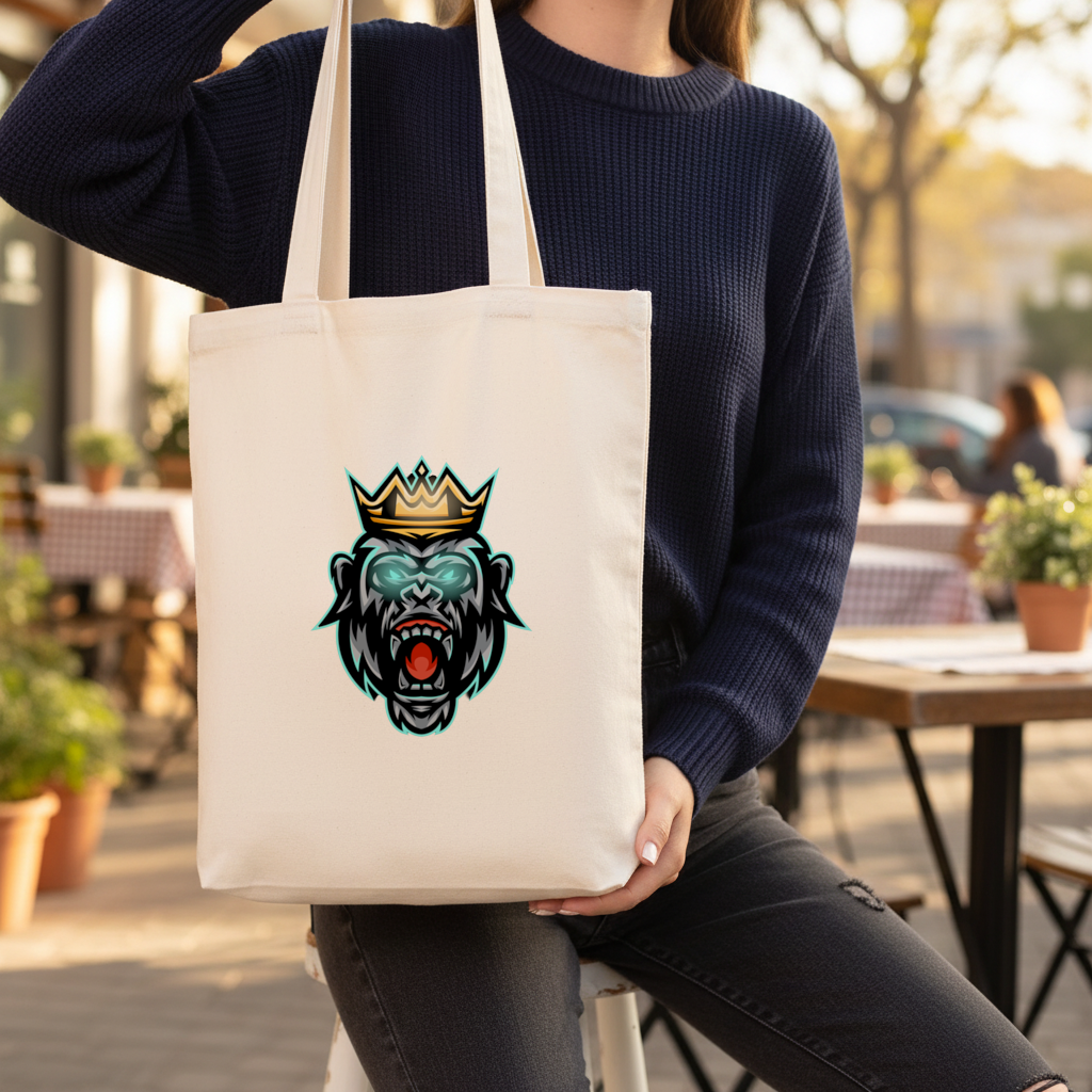 Taçlı Öfkeli Goril Kral Grafiği - Neon Detaylı Maskot Körüklü Canvas Çanta