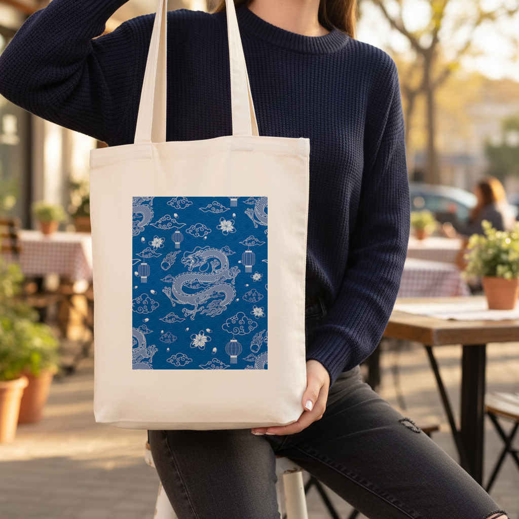 Traditional Dragon Pattern on Blue Background Gusseted Canvas Tote Bag