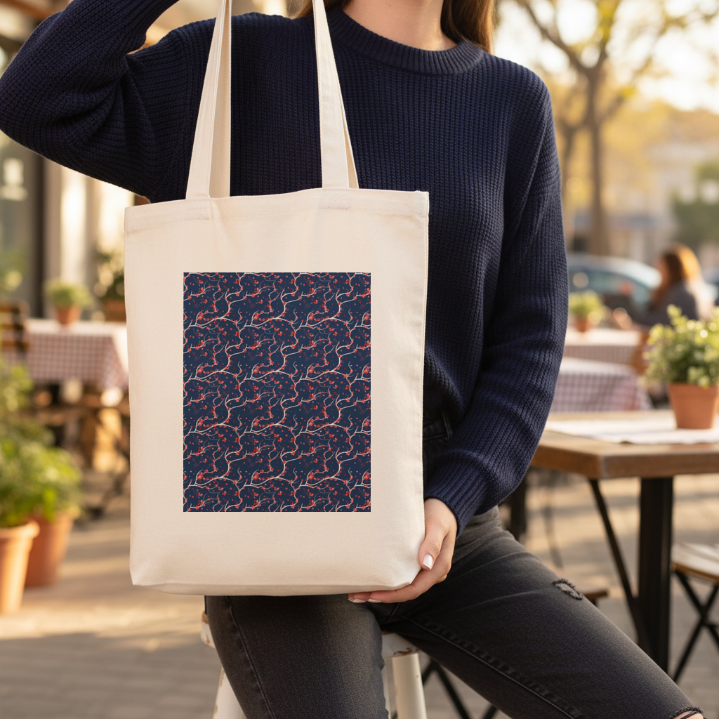 Red Floral Branch Pattern on Navy Background Gusseted Canvas Tote Bag
