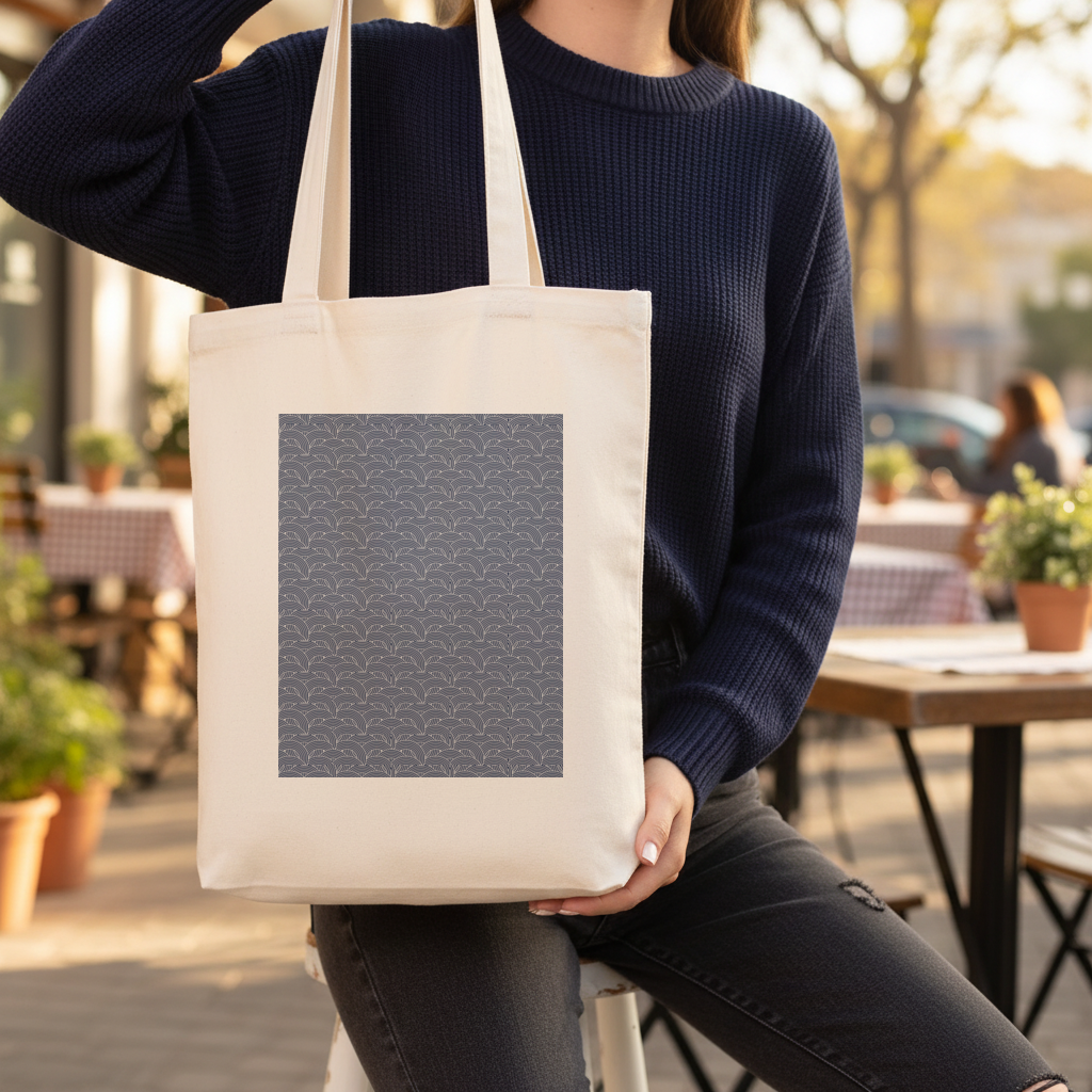 Navy and White Semi Circle Geometric Pattern Gusseted Canvas Tote Bag