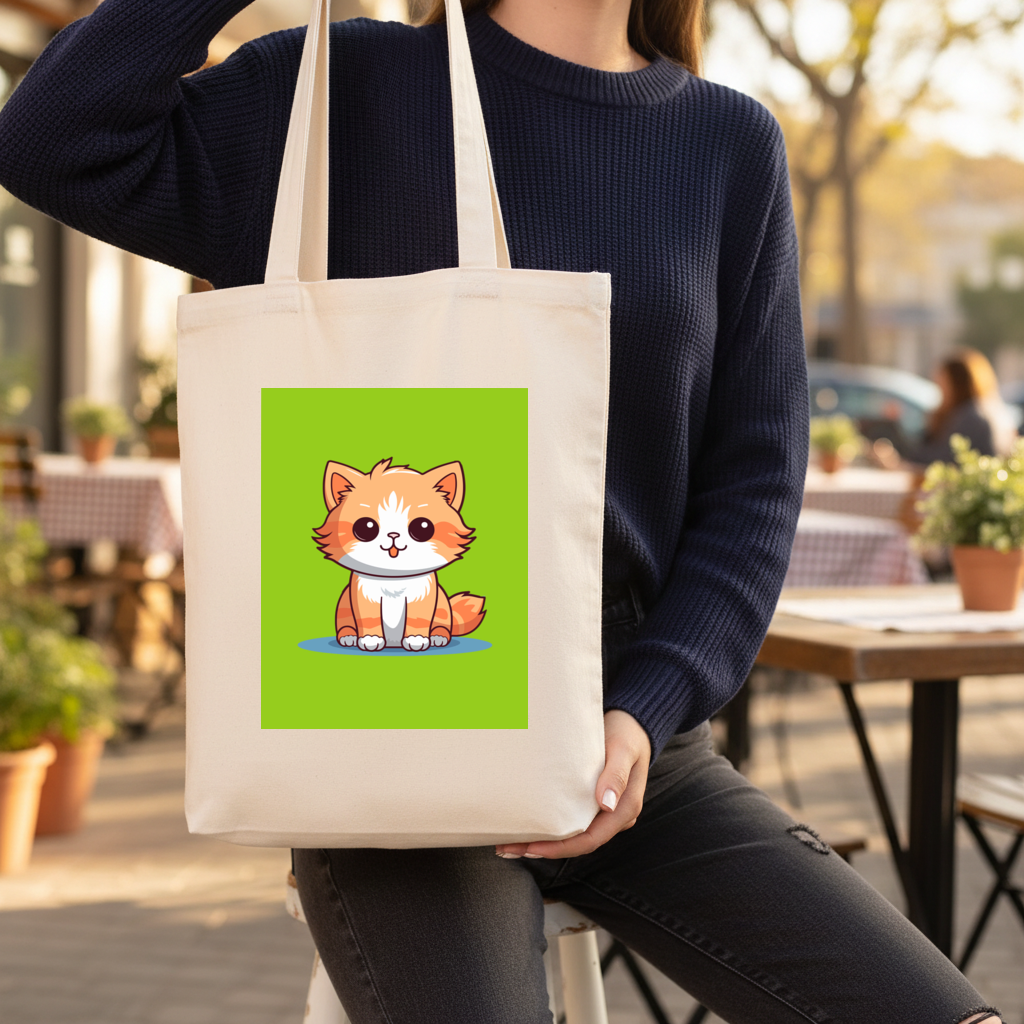 Sevimli Turuncu Kedi Çizimi Körüklü Canvas Çanta