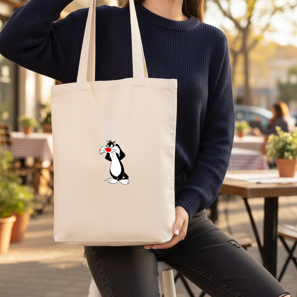Funny Cartoon Cat Illustration Gusseted Canvas Tote Bag