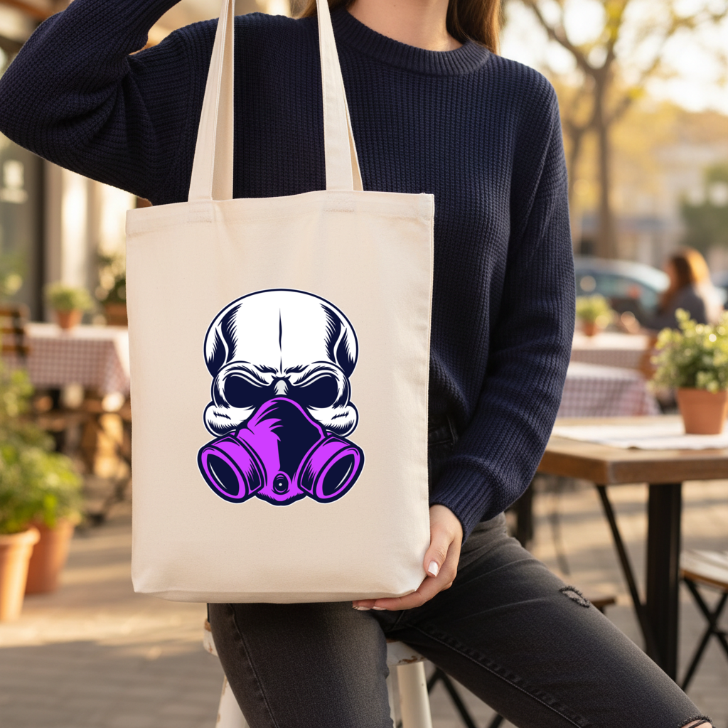 Skull with Gas Mask Illustration Modern and Edgy Design Gusseted Canvas Tote Bag