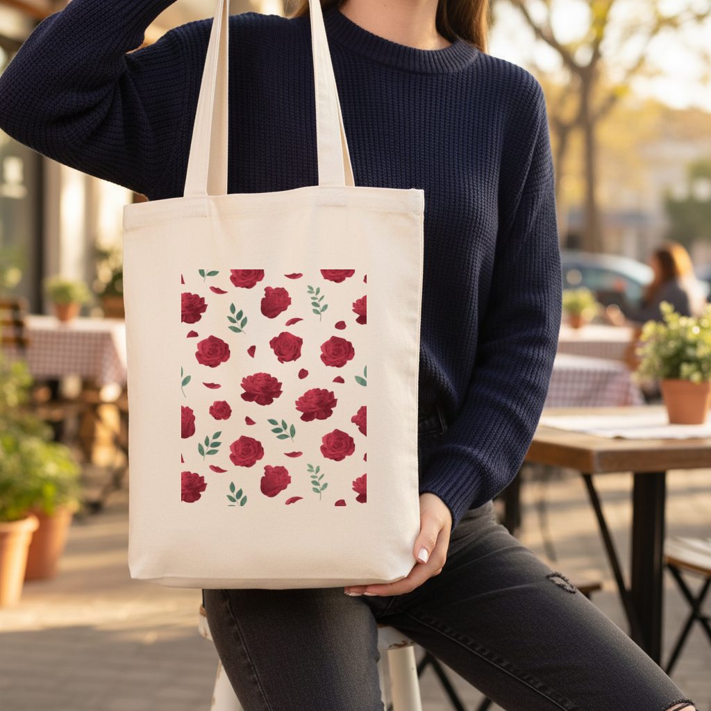 Red Rose and Leaf Romantic Seamless Pattern Gusseted Canvas Tote Bag