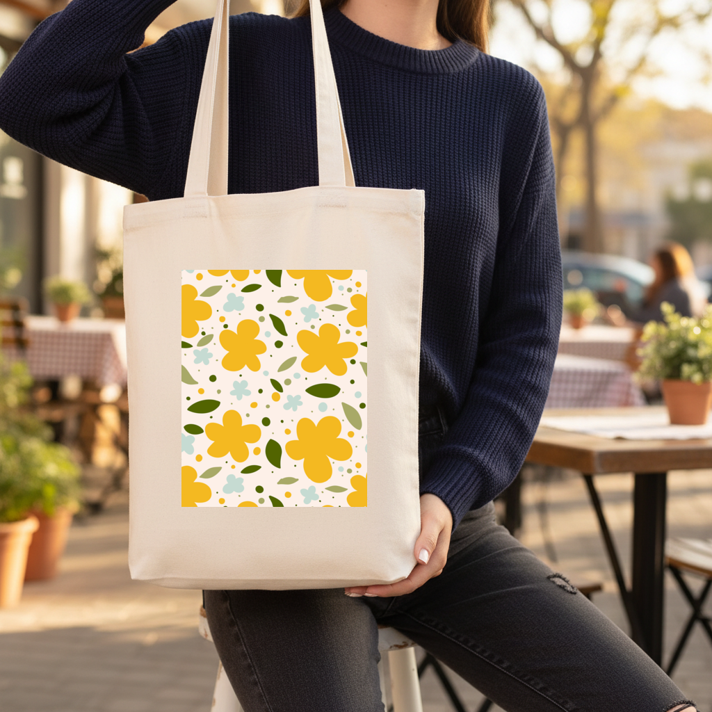 Sarı Çiçekli ve Yapraklı Boho Tarzı Dikişsiz Desen Körüklü Canvas Çanta