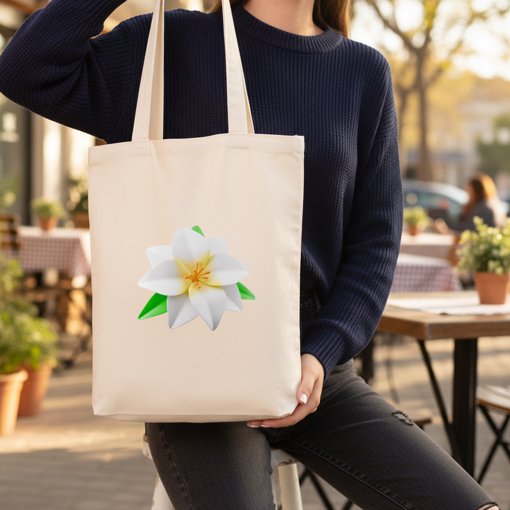 3D White Lily Flower Illustration Gusseted Canvas Tote Bag