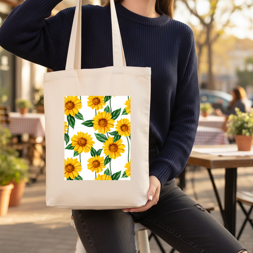 Canlı Sarı Ayçiçeği ve Yeşil Yaprak Desenli İllüstrasyon Körüklü Canvas Çanta