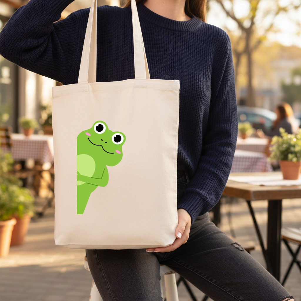 Sevimli Yeşil Kurbağa Peek-a-Boo İllüstrasyonu Körüklü Canvas Çanta