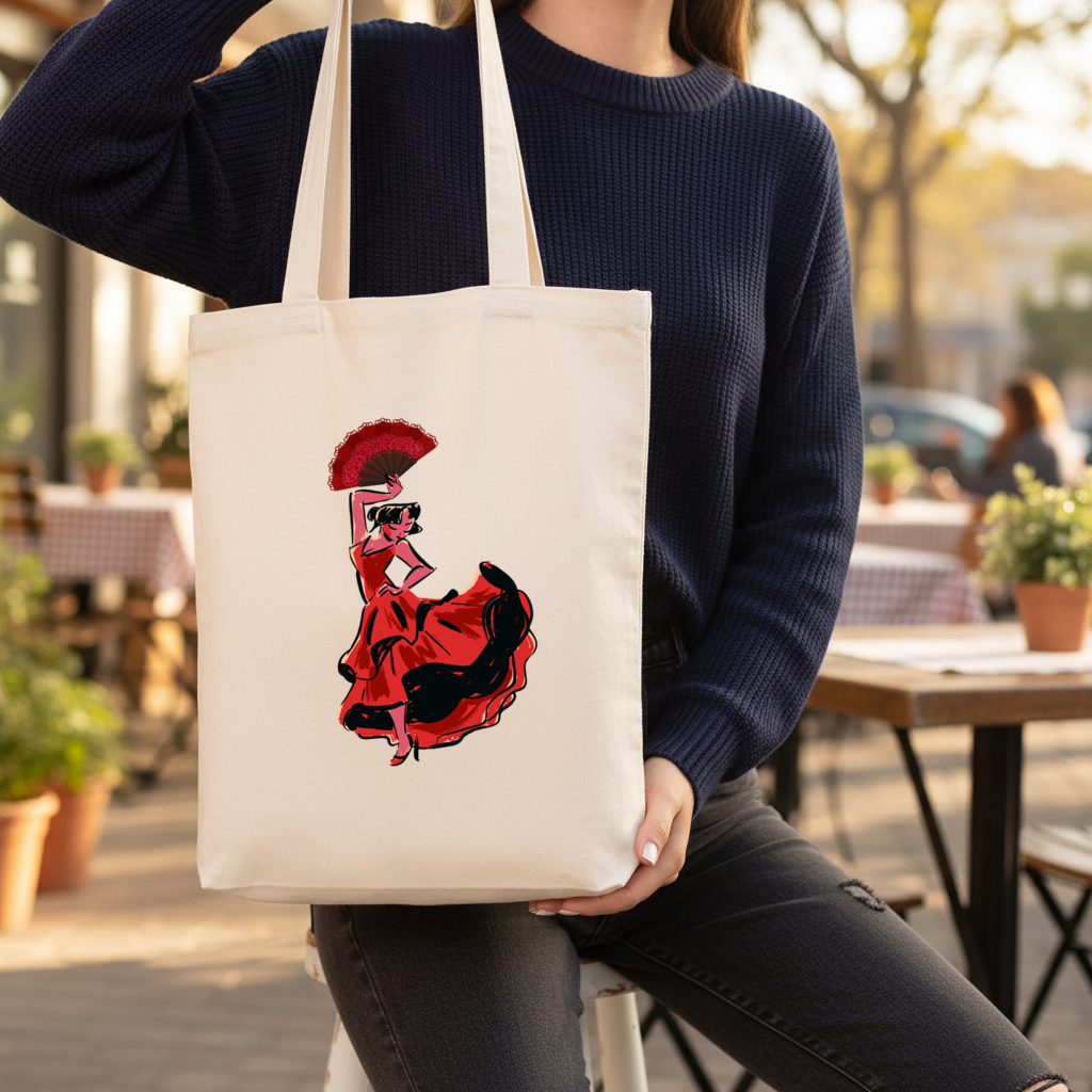 Flamenco Dancer with Fan Illustration Gusseted Canvas Tote Bag