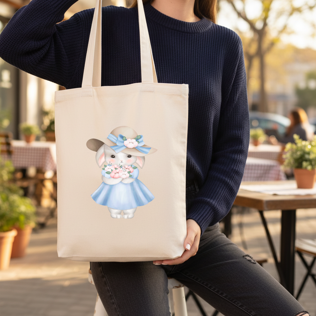 Çiçek Tutan Şapkalı Sevimli Tavşan Körüklü Canvas Çanta