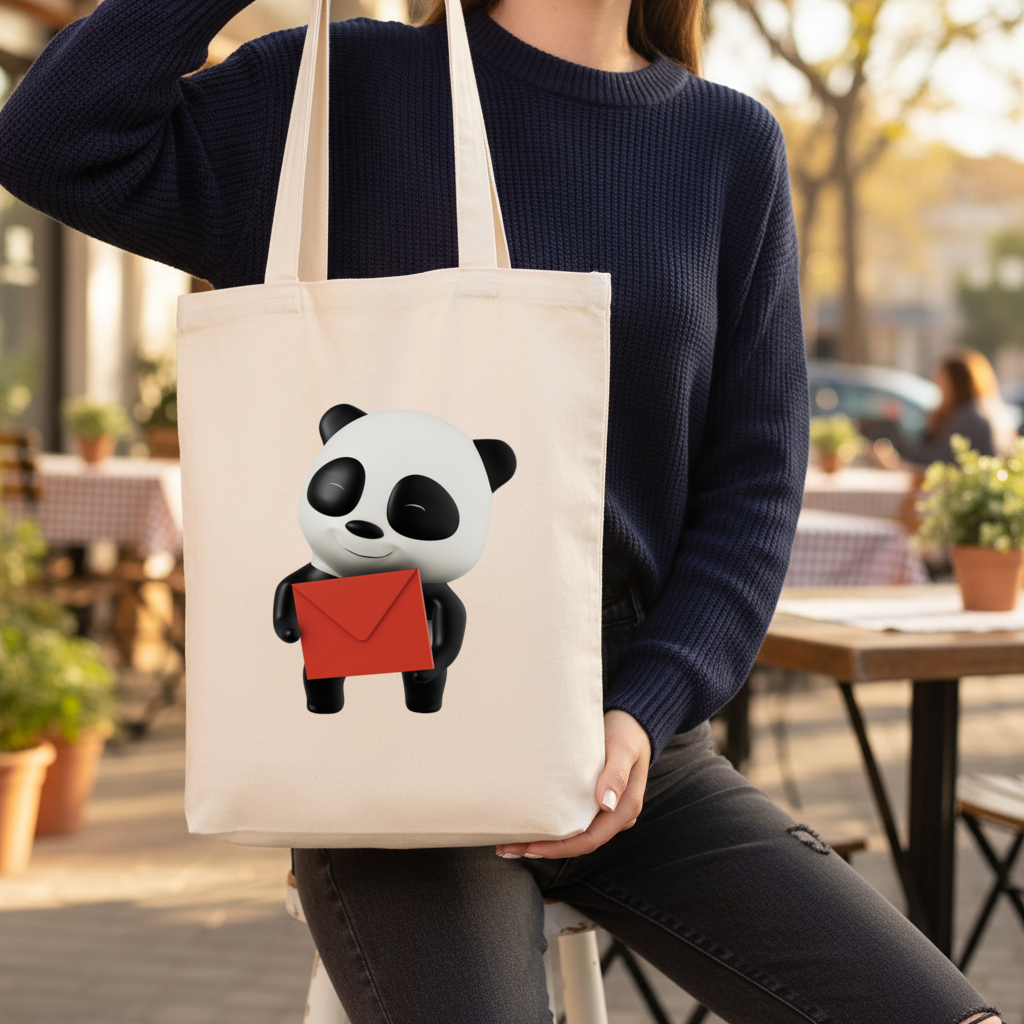 Kırmızı Zarflı Mutlu Panda Karakteri Körüklü Canvas Çanta