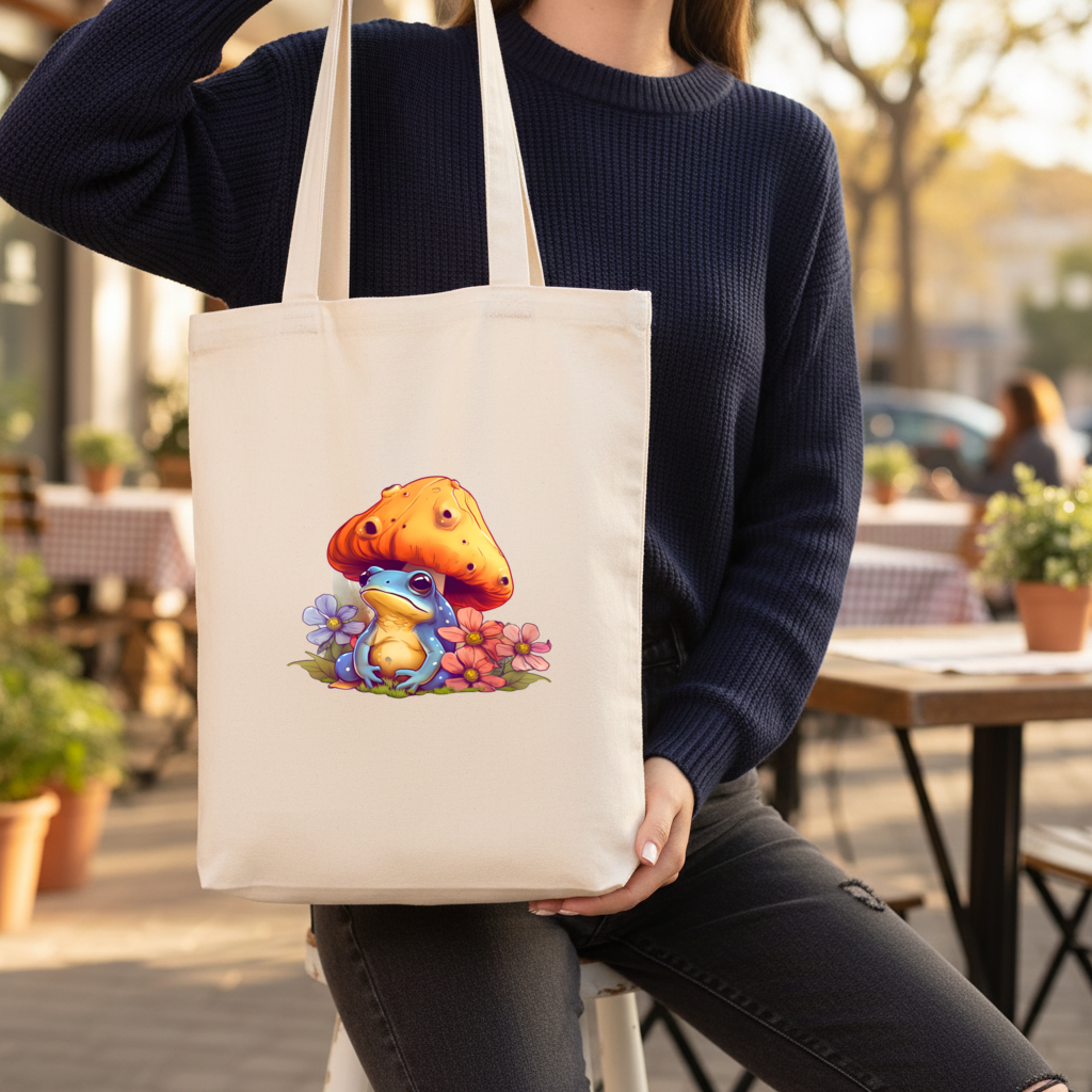 Mavi Kurbağa ve Turuncu Mantar Altında Huzur Körüklü Canvas Çanta