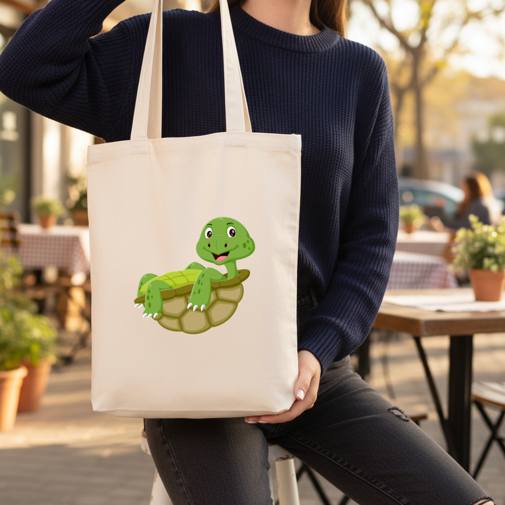 Happy Smiling Green Turtle in Shell Gusseted Canvas Tote Bag