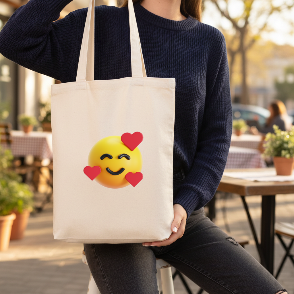 3D Hearts Smiling Emoji Gusseted Canvas Tote Bag