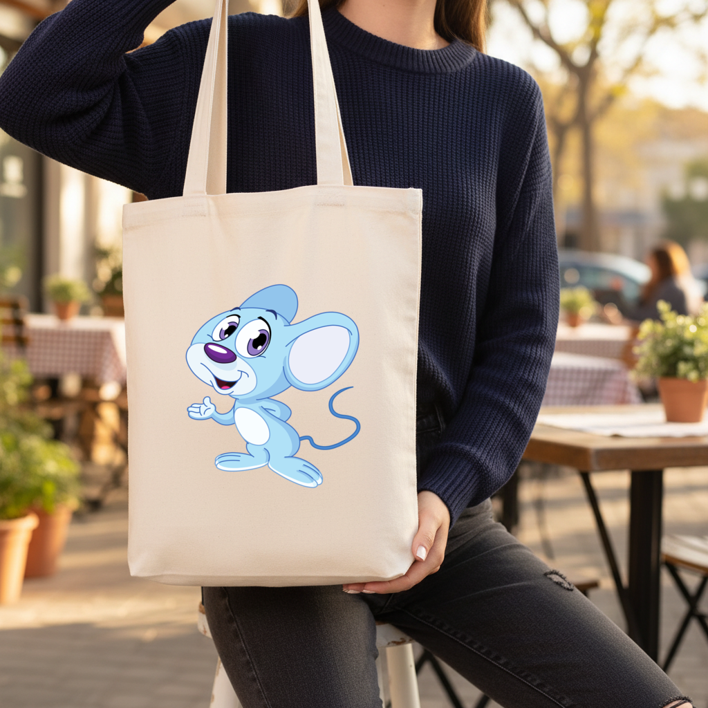 Cute Blue Mouse Gusseted Canvas Tote Bag