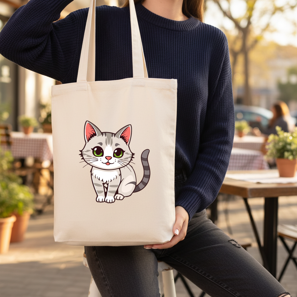 Yeşil Gözlü Gri Kedi Körüklü Canvas Çanta