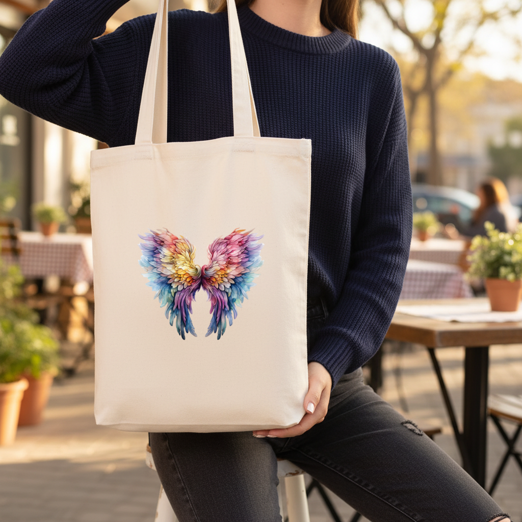 Pastel Rainbow Angel Wings Gusseted Canvas Tote Bag