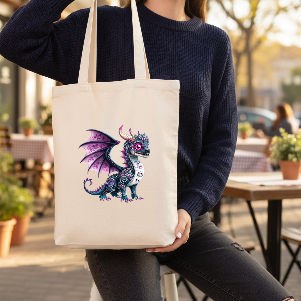 Purple Sugar Skull Dragon Gusseted Canvas Tote Bag