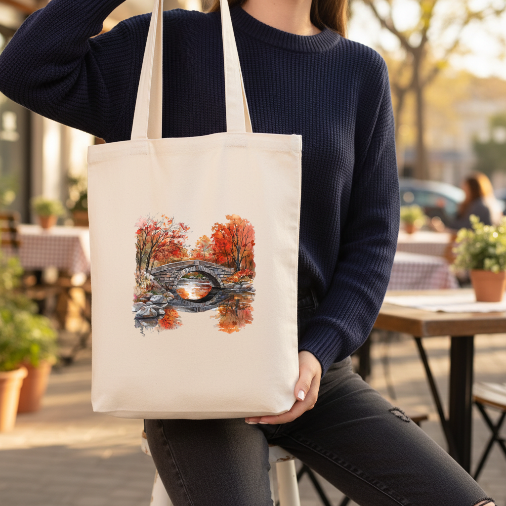 Autumn Stone Arch Bridge Over River Gusseted Canvas Tote Bag