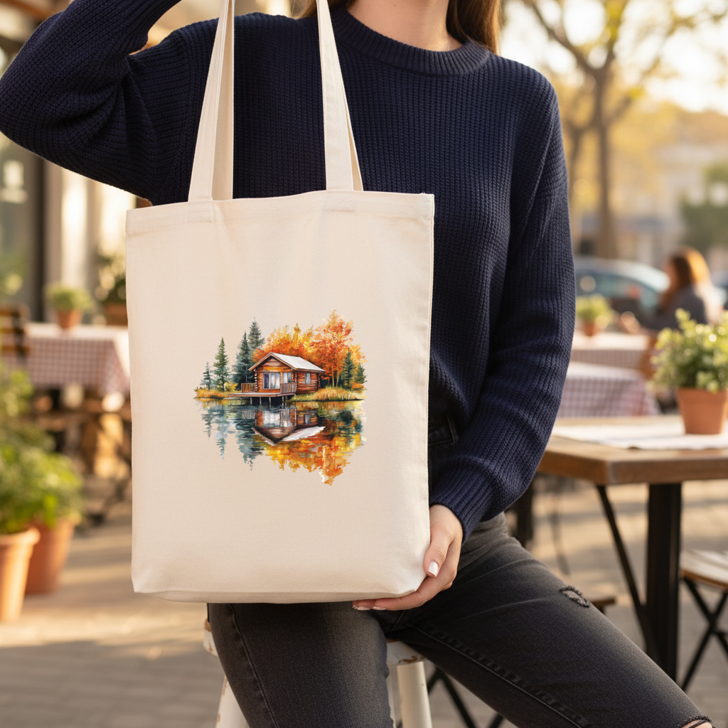 Lakeside Log Cabin Autumn Landscape Gusseted Canvas Tote Bag