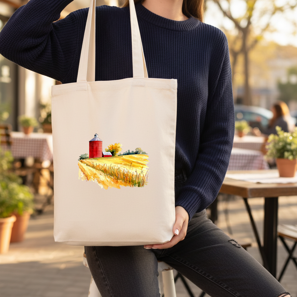Red Farm Silo and Golden Wheat Field Gusseted Canvas Tote Bag