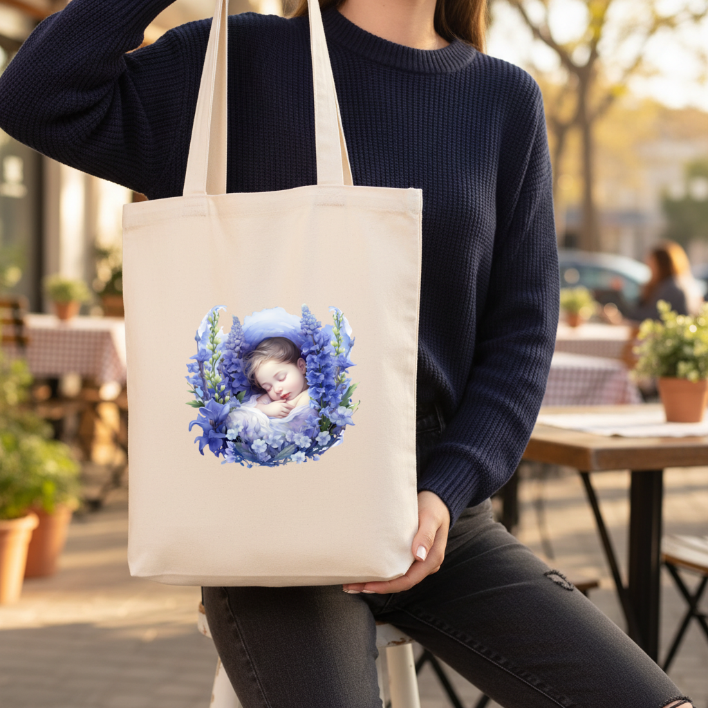 Sleeping Baby Blue Larkspur Gusseted Canvas Tote Bag