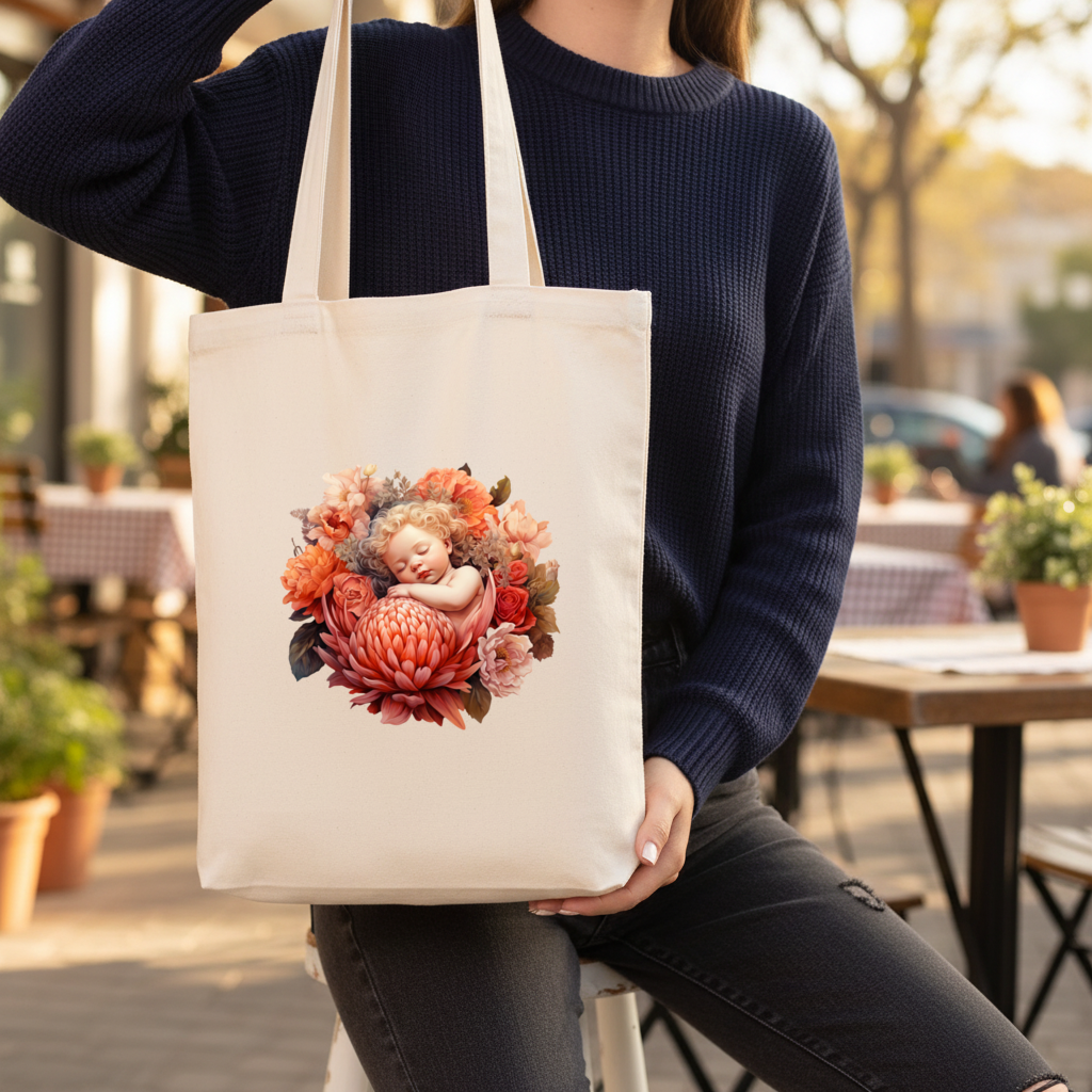 Çiçekler İçinde Uyuyan Masalsı Bebek Körüklü Canvas Çanta